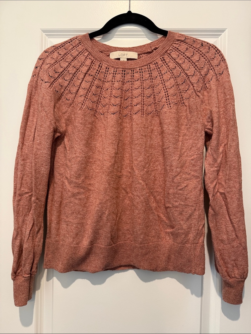 LOFT Rose-Pink Openwork Yoke Crew Neck Sweater size M
